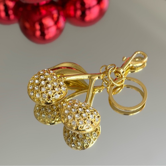 Gold Sparkle Cherry Bag Charm Keychain - Picture 3 of 11